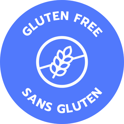 Blue circle with 'GLUTEN FREE' and 'SANS GLUTEN' text and a wheat symbol on a green background